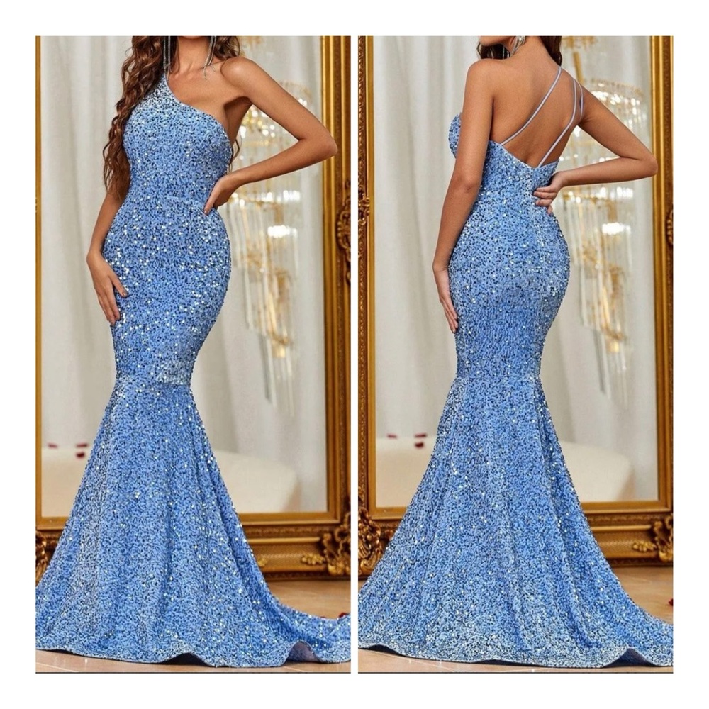 Dress for Everyone Sparkling Blue Gown One Shoulder Size 4-XL